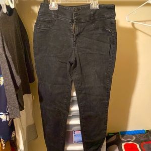 Button fly distressed black jeggings petite